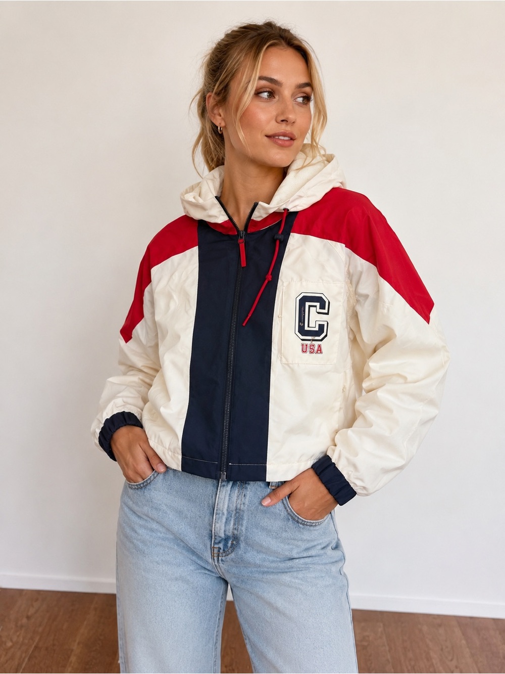 Champion Cream, Navy & Red Colorblock Bomber Jacket
